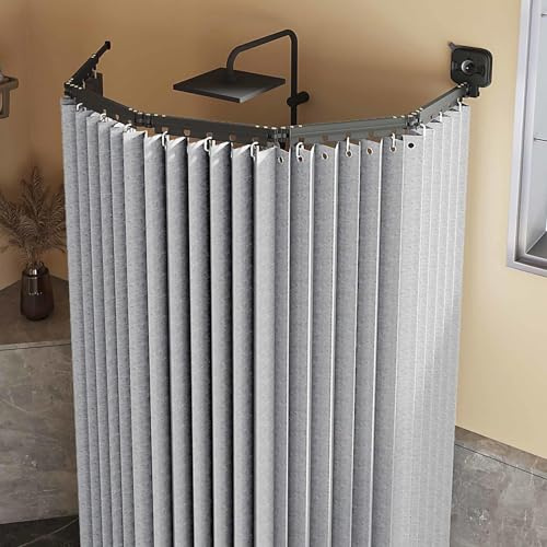 Duschvorhang Ohne Bohren,duschvorhangstange L/u Form Und Starker Saugnapf, Faltbarer Duschvorhänge Anti Schimmel Wasserdicht/waschbar Für Eckdusche, Shower Curtains,Grey-5-Folds