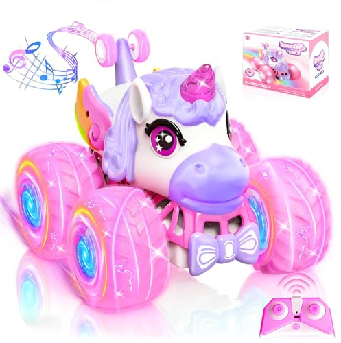 Unicorno Macchina Telecomandato per Bambini - Auto Stunt Rotante a 360° con Luci a LED, Giocattolo Auto Telecomandata 2,4 GHz per Interno Esterno Regali di Compleanno per Ragazze dai 3+ Anni