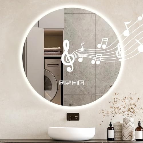 Dibaful 600mm Rund Badspiegel mit Beleuchtung und Musik Bluetooth 3 Lichtfarbe Dimmbar | Badezimmerspiegel Antibeschlag Wandspiegel Runder Spiegel Bad mit Licht für Badezimmer Hotel