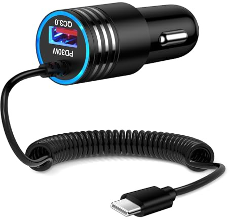 for iPhone 17e/17/16/15 Car Charger,48W PD+QC USB C Fast Car Charger Cigarette Lighter Adapter with 30W Built-in Coiled Type C Fast Charging Cable for iPhone 17e 17 Pro Max Air 16e 16 Pro Max 16 Plus