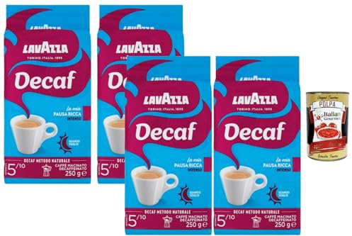 Italian Gourmet Lavazza Decaf Pausa Ricca Intenso Café Moulu Décaféiné 4 x 250 g, Méthode Naturelle, Intensité 5/10, Goût Riche & Intense, Pour Moka, Espresso & Filtre + Italian Gourmet Polpa