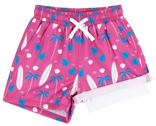 LACOFIA 2 stycken badshorts för pojkar 2-i-1 barnbadbyxor med kompressionsliner, simbyxor med elastisk midja, barn, sommar, strandshorts, snabbtorkande i 4–14 år, B-rosa tryck, 158-164