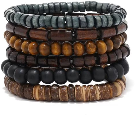 Set of 6 Wooden Bead Bracelet for Men, Elastic Stretch Wristband, Natural Wood Beads Bracelet, Polished Finish, Handmade Keepsake Gift for Men & Women, Anniversary & Birthday