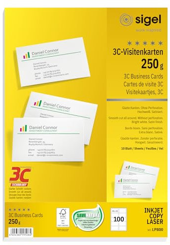 SIGEL LP800 bedruckbare Visitenkarten 3C, 100 Stück (10 Blatt), hochweiß, glatter Schnitt rundum, 250 g, 85x55 mm