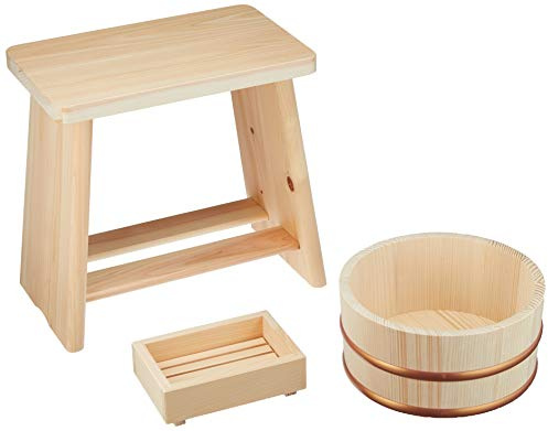 Hoshino Kogyo 3-Piece Set, A, Japanese Cypress Bath Chair, Fir Bathtub, Cypress Soap Stand