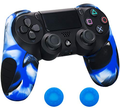 Pandaren® Silikon-halbe Haut für PS4 / Slim / Pro Controller x 1 + Daumengriff x 2 (Camouflage-Blau)