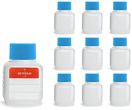 Octopus 10 x 50 ml plastic bottles, HDPE plastic bottles with blue screw caps, empty bottles with blue screw caps, square bottles incl. 10 labels | Compact empty bottles for filling, storing and dispensing different liquids.