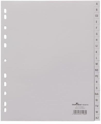 Durable Register mit geprägten Taben A-Z, 20-teilig, Universallochung, überbreit, 20 Stück, grau, 652010 | Alphabetisches Register mit Universallochung, überbreit für Klarsichthüllen, PP-Folie, 20 Stück