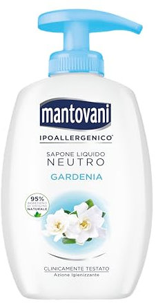 Mantovani - Sapone Liquido Mani Neutro Ipoallergenico, Fragranza Gardenia, con Vitamina E e Collagene Vegetale, 300 ml