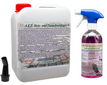 A.K.B. Steinreiniger und Fassadenreiniger S Konzentrat bis 3000m², 2665(5L Kanister+0,5Küch) Flechtenentferner,Dachreiniger, Grünbelagentferner (bedingt für Farbiges)