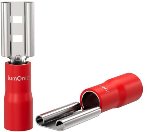 Lumonic 25x Flachsteckhülse 0,5-1,5mm² Rot | für Flachstecker 0,8 x 4,8mm | teilisoliert | Kabelverbinder ohne Löten | Messing verzinnt | KFZ, Maschinenbau