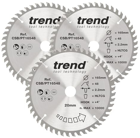 Trend Laminate & HPL Circular Saw Blades, 165mm, 48T, 20mm Bore | Super-Fine Finish Blades For Laminate And HPL, 2.2mm Kerf, +4° Hook, TCT, 3 Pack, CSB/PT165/3PK