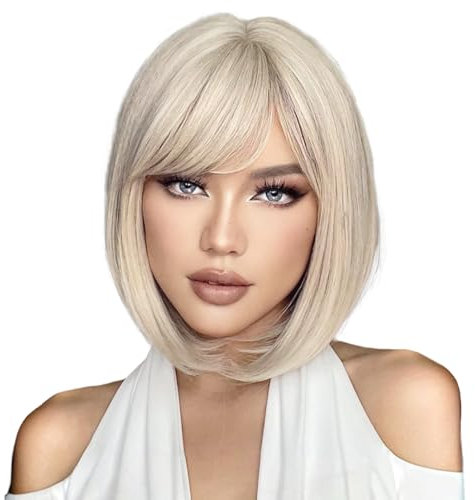 EMMOR Parrucche a caschetto castane, da donna, parrucche naturali con frangia, parrucche sintetiche resistenti al calore