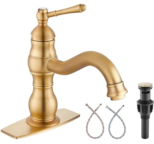 Heyalan Bathroom Sink Faucet Single Hole 1 Handle Deck Mount Single Handle Bathroom Sink Faucet Farmhouse Mixer Tap with Drain,‎Short-Spout Reach 7.09 Inch,Antique Brass