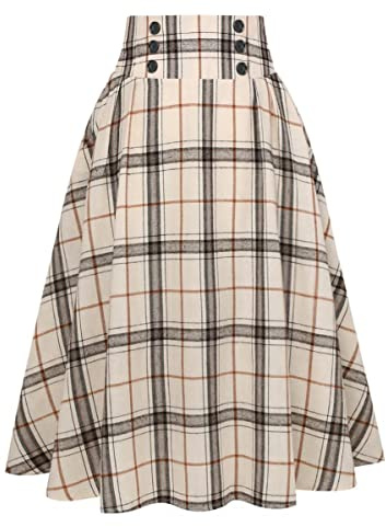 IDEALSANXUN Wool Skirts for Women High Waisted Plus Size Suede Flowy Midi Length Houndstooth Long Skirt, Beige, M