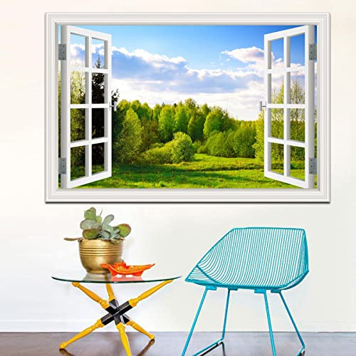 LKLKLK Fausse Fenêtre Tableaux de paysage de ciel bleu de forêt verte,Impression Nature sur Toile,Image pour Salon Chambre Tableau Decoration Murale 70x105cm(28x42in) Sans cadre