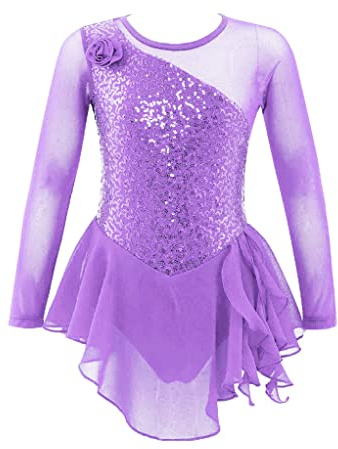 TTAO Vestido de patinaje artístico para niña, manga larga, lentejuelas/diamantes de imitación, vestido de malla, empalme con tutú, falda plisada, ropa de baile, Color lila claro., 128