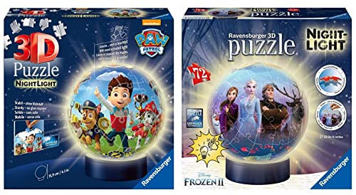 Ravensburger 3D Puzzle 11842 - Nachtlicht Puzzle-Ball Paw Patrol - 72 Teile - ab 6 Jahren & 3D Puzzle 11141 - Nachtlicht Puzzle-Ball Disney Frozen 2-72 Teile - ab 6 Jahren, LED Nachttischlampe