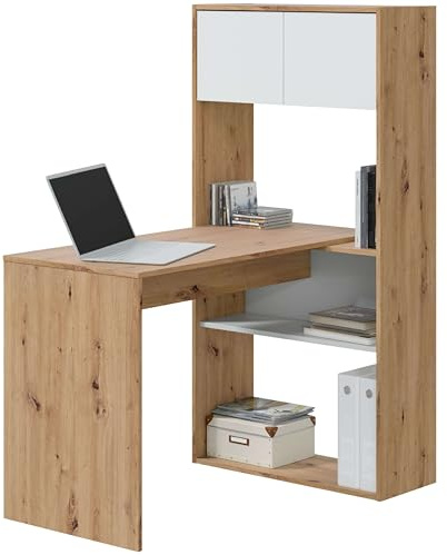 Habitdesign Mesa-Estantería Reversible de 3 Posiciones, Escritorio, Librería, Sistema de Almacenaje, Modelo Duo, Acabado en Color Roble Nodi y Blanco Artik