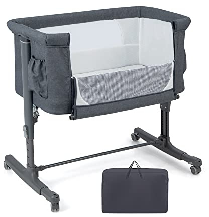 GYMAX 3-in-1 Baby Beside Crib, Mesh Window Side Bassinet (Gray)
