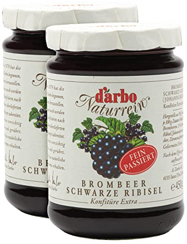 Food-United passierte KONFITÜRE EXTRA Brombeer schwarze Ribisel 6x 450g Glas von DARBO Naturrein Brombeerkonfitüre mit schwarzen Johannisbeeren passend für Frühstück Gebäck Füllungen (6)