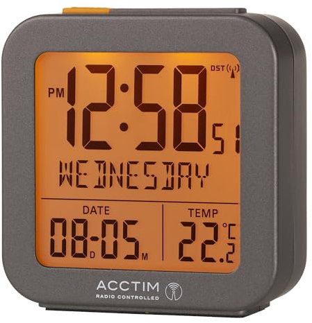 Acctim Invicta Digital Alarm Clock Radio Controlled Crescendo Alarm Date & Temperature Display Grey
