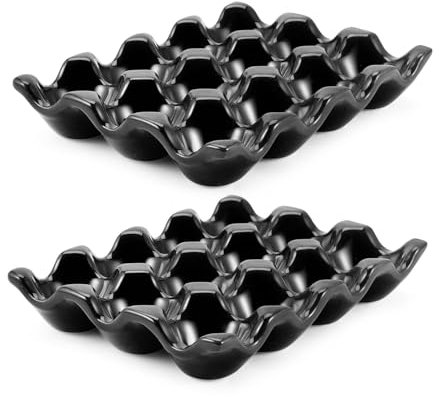 Flexzion 12 Cups Ceramic Egg Holder - Whole Dozen Porcelain Egg Tray Container Keeper Storage Organizer Decorative Serving Stand Serveware for Refrigerator Fridge Countertop Display 2 Pack (Black)