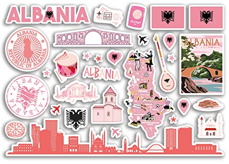 A5 Sticker Sheet Albania Pink Landmarks Vinyl Stickers - Albanian Map Airport Stamp Skyline Flag Travel Holiday Country Aesthetic #80324