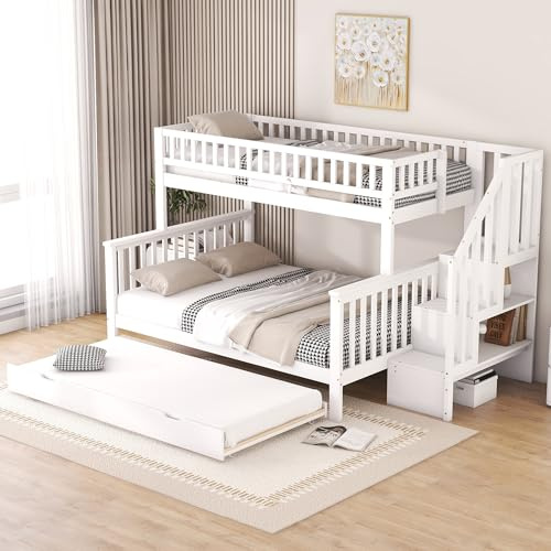 Merax Etagenbett, 90 x 200 cm + 140 x 200 cm mit Ausziehbett und stilvoller Treppe Weiß