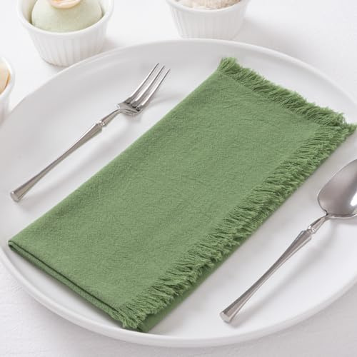 DeZerlor 6 Pack Sage Green Cotton Linen Napkins with Fringe Summer Cloth Napkins Set of 6 Boho Handmade Dinner Napkins Bulk for Wedding Bridal Baby Shower Parties, 17 x 17 Inches