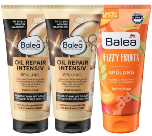 Balea 3er-Set Haarpflege: Professional Spülung Oil Repair Intensiv Conditioner strapaziertes trockenes Haar (2 x 200 ml) + Haarspülung Fizzy Fruits mit Aprikosenkernöl & Provitamin B5 (200 ml), 600 ml