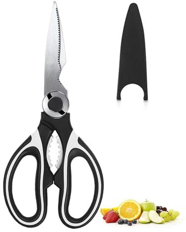 JANGII Kitchen Scissors Sharp Heavy Duty Kitchen Scissors Stainless Steel Multipurpose Utility Scissor Kitchen Shears for Chicken Meat Scissors UK Dishwasher Safe (1 X White Black)