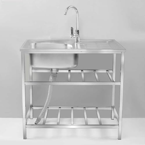 304 Edelstahl Einzelne Schale Becken Waschbecken Küche,Freistehende Spüle für den Außenbereich Gewerbliche Küchenspüle 304 Edelstahl Handwaschbecken Einzelbecken für Wäscherei Hinterhof Garage (Size