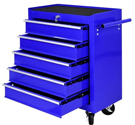 Coffre à outils roulant, boîte à outils roulante à 5 tiroirs avec système de verrouillage et roues pour garage, entrepôt, atelier, atelier de réparation (bleu, 5 tiroirs)