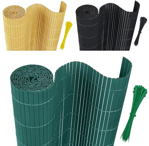 AufuN Sichtschutzmatte PVC Sichtschutzzaun 90x600cm Grün | Mit Kabelbindern Standard Sichtschutz Bambus Windschutz für Garten Balkon und Terrasse-Interne W-Struktur Verstärkte Lamellen
