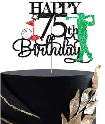 Golf Happy 75th Birthday Cake Topper, Sport Theme 75th Birthday Cake Decor for Men, Golf Enthusiast 75th Party Decoration, Men's 75th Birthday Party Supplies - Black Glitter