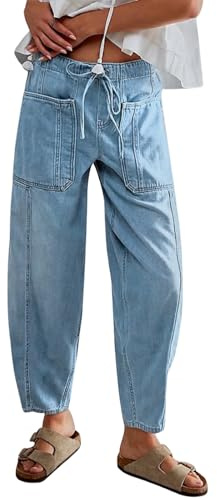 Jeans larghi da donna a gamba larga con elastico in vita jeans alla moda con coulisse alla caviglia pantaloni in denim, Azzurro chiaro, S