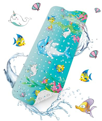 HITSLAM Baby Bath Mat Non Slip, Bathtub Mat Non Slip, 101 x 40cm Extra Long Bath Tub Mat for Kids, Bathroom Shower Mat with Suction Cups and Drain Holes, Soft on Feet, Machine Washable, Dolphin