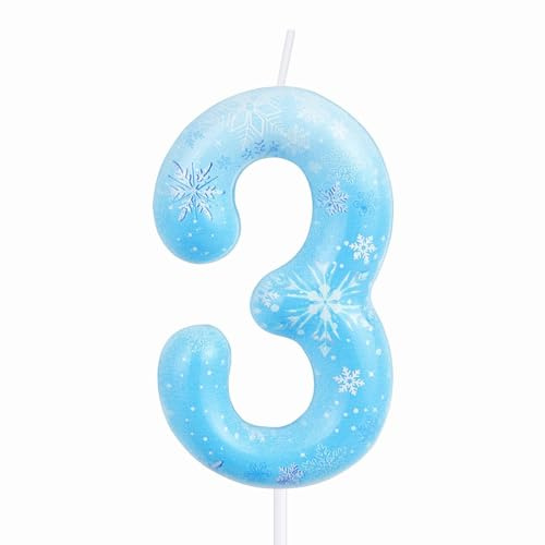 Velas de cumpleaños con número de copo de nieve, azul y blanco, 3 velas de cumpleaños para pastel para niñas, velas Frozen número 3, vela blanca de copo de nieve Frozen para pastel de temática Frozen