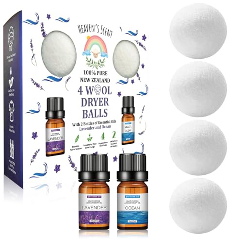 Heaven's Scent Wool Dryer Balls w/Essential Oils Bundle - Reusable, Organic, Handmade & Hypoallergenic XL Size | Eco-Friendly, Natural Fabric Softener | Ocean & Lavender Oil, White