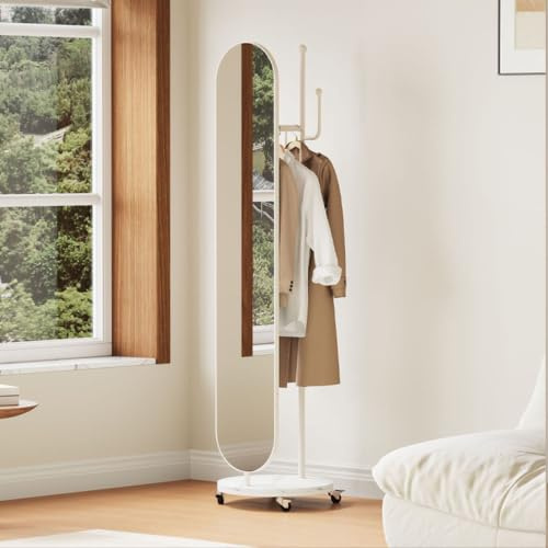 Ganzkörperspiegel mit Kleiderständer, 360° Drehbar Standspiegel auf Rollen | 170×45cm Garderobenständer mit Bodenlanger Spiegel für Schlafzimmer Wohnzimmer Flur, Weiß