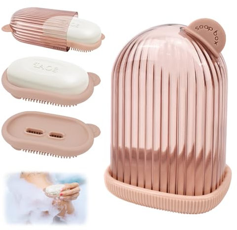 Seifendose Reise Wasserdicht, Transparente Reise Seifenbox mit Silikonbürste, Feste Seife Aufbewahrung, Festes Shampoo Aufbewahrung, Seifenschale mit Abtropfschale für Badezimmer Reisen (Rosa)