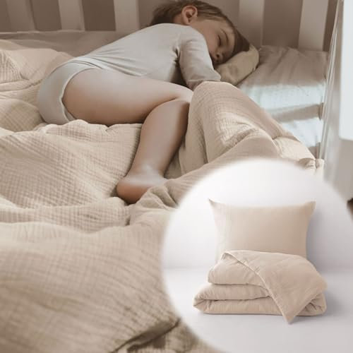 PaLulli® Bettwäsche Musselin Set 80x80 cm | Kissenbezug 35x40 cm | Kinderbettwäsche aus 100% Bio Baumwolle Oeko-TEX zertifizierte Babybettwäsche 80x80 cm + 35x40 cm (Beige)