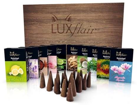 LUXflair Räucherkegel Set Sommer – 10 Packungen mit je 20 Stück, pro Kegel ca. 20min. Glimmdauer, für entspannte Atmosphäre, traditionell in Indien hergestellt