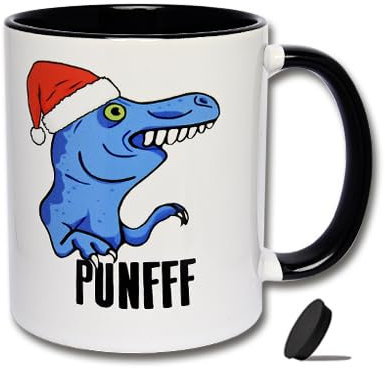 Lustige Tasse mit T-Rex PUNFFF Kaffeetasse mit Deckel, Tasse Weihnachten, Spruchtasse mit Dino, Glühweintasse, Punschtasse (D: Schwarz-Weiße Tasse inkl. schwarzem Tassendeckel)