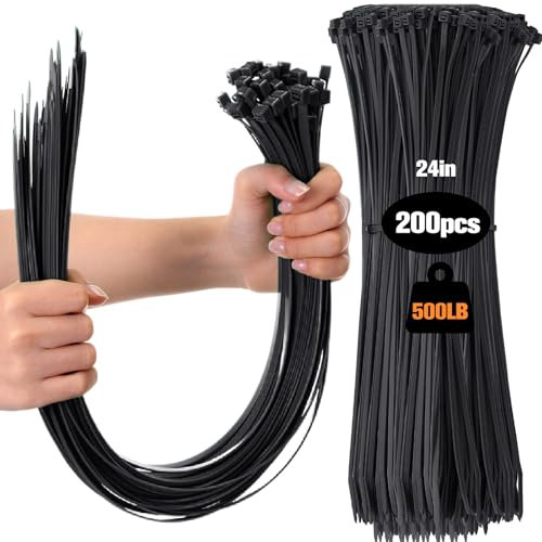 GliCraft 100 Pcs Long Zip Ties Heavy Duty 24 Inch 500 Lbs Tensile Strength with Double Sided Toothed Durable Cable Ties, Extra Large Black Wire Ties Adjustable Nylon Wraps for Indoor Outdoor