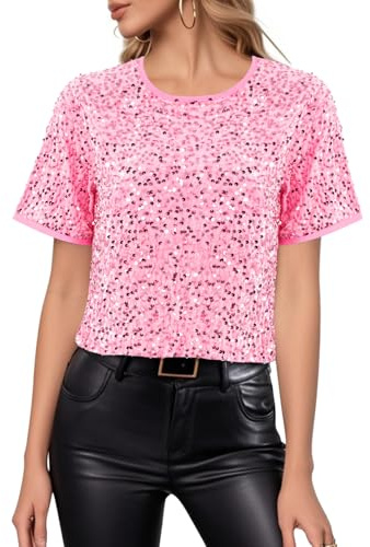Segreto Damen Glitzer Pailletten Tops Short Sleeved Rundhals Locker Oberteil Glänzende Party Bluse T-Shirts Festliches Outfit