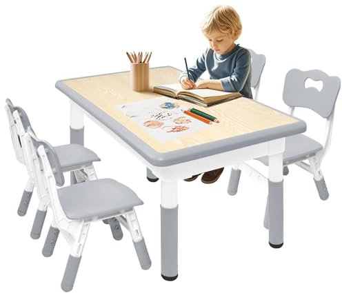 Eldzenith Kindersitzgruppe, HöHenverstellbar Kindertisch mit 4 StüHlen, Kinder Tisch Stuhl Set für Kinder Im Alter Von 2-10 Jahren, Plastic Kinderstuhl und Tisch, 100kg TragfäHigkeit, Grau
