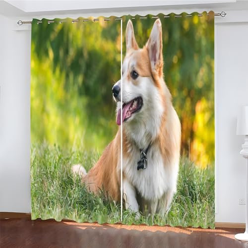 YZQGLHP Gardinen Niedlich Vorhänge Corgi Verdunklungsvorhänge Schiebe Schallschutz Vorhang mit Ösen für Schlafzimmer Wohnzimmer H245 x B140 cm 2 teiliges Set