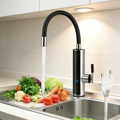 Robinet de cuisine avec chauffe-eau instantané - 3000 W - Affichage de la température LED - Robinet de cuisine - Robinet de cuisine - Robinet de tuyau en silicone rotatif à 360° - Boîtier en acier